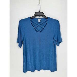 Chico's Travelers Top Women Size 2 (L) Blue Excellent Lattice Neck Short Sleeve